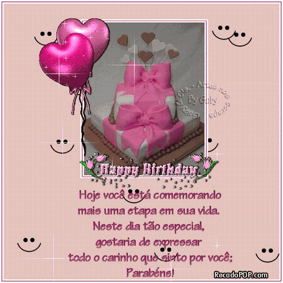 Hoje voc est comemorando mais uma etapa em sua vida. Neste dia to especial, gostaria de expressar todo o carinho que sinto por voc; Parabns!