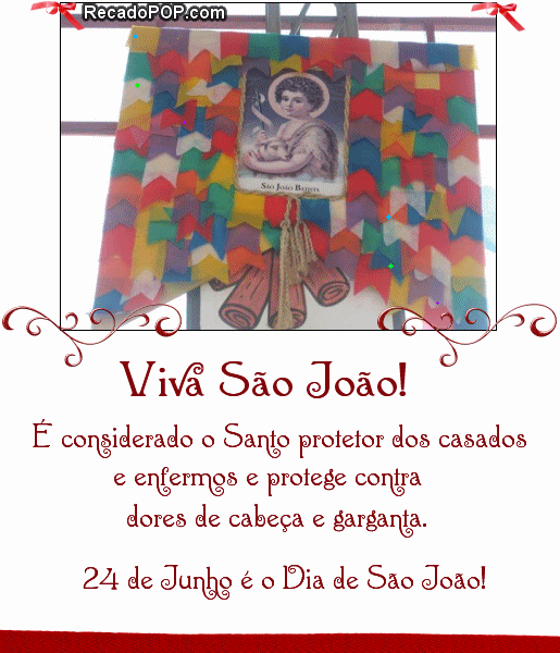 Viva So Joo!  considerado o Santo protetor dos casados e enfermos e protege contra dores de cabea e garganta. 24 de Junho  o Dia de So Joo!