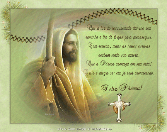 Que a luz do ressuscitado ilumine seu caminho e lhe d foras para prosseguir. Com certeza, todas as noites escuras acabam tendo sua aurora. Que a Pscoa acontea em sua vida! Creia e alegre-se: ela j est acontecendo. Feliz Pscoa! 