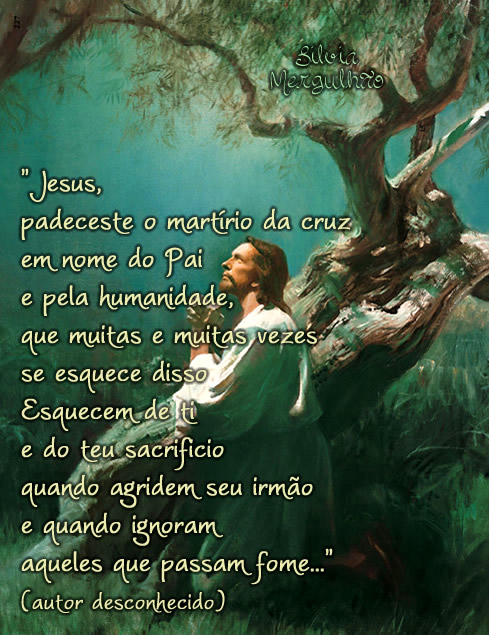 Jesus, padeceste o martrio da cruz em nome do Pai e pela humanidade, que muitas e muitas vezes se esquece disso e do teu sacrifcio quando agridem seu irmo e quando ignoram aqueles que passam fome. (autor desconhecido) 